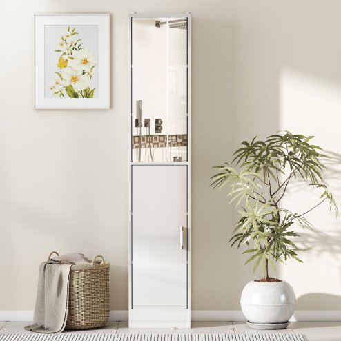 kleankin Tall Mirrored Bathroom Cabinet, Bathroom Storage Cupboard, Floor Standing Tallboy Unit with Adjustable Shelf, High Gloss White