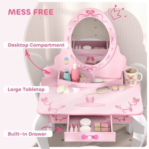 AIYAPLAY Kids Dressing Table Set, Two-Piece Kids Vanity Table with Stool, Mirror, Drawer, Desktop Storage, Ballet Theme, Girls Makeup Desk, Chair, Pink