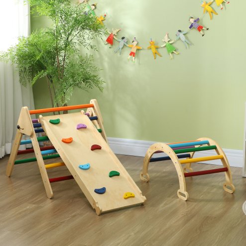 AIYAPLAY Toddler Climbing Frame, 5 In 1 Wooden Indoor Climbing Frame with Ramp, Arch, Foldable Pikler Triangle Set for Kids 18-48 Months, Multicoloured