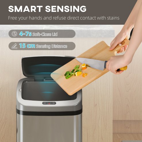 HOMCOM 48L Sensor Bin, Stainless Steel Kitchen Bin with Automatic Soft Close Lid and Fingerprint-Proof for Recycling and Waste, Silver Tone