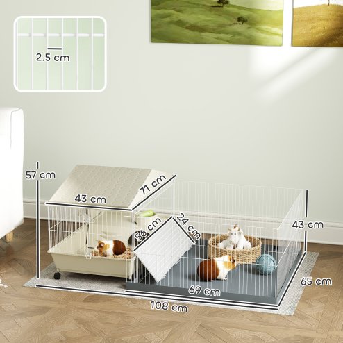 PawHut Guinea Pig Cage with Removable Pet Playpen, Waterproof Pad, Hay Feeder, Water Bottle, Food Dish, Hideaway, Balcony, Soft-Covered Ramp, Wheels, Small Animal Cage for Guinea Pig, Hedgehog
