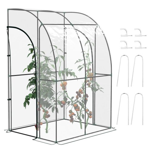 Outsunny Walk-In Greenhouse with Zipped Roll Up Doors, Lean-to Small Greenhouse with Plastic Cover and Sloping Top for Flowers, Vegetables and Herbs, 143cm x 118cm x 212cm, Clear