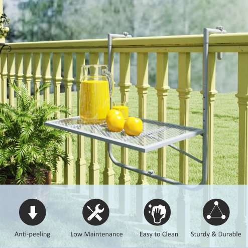 Outsunny Balcony Hanging Table, Metal Wall Mount Desk, Adjustable Folding Balcony Deck Table for Patio and Garden, Grey