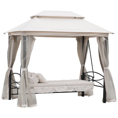 Outsunny 3 Seater Convertible Swing Chair, Outdoor Gazebo Swing Seat Bed with Double Tier Canopy, Cushioned Seat, Mesh Sidewalls and Curtains, Beige