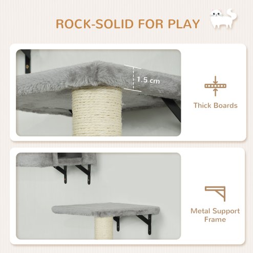 PawHut Cat Wall Shelves, 6-Piece Cat Wall Furniture Set with Condo, Platforms, Sisal Scratching Post, Bed and Toy Ball, for Climbing, Sleeping, Playing, Grey