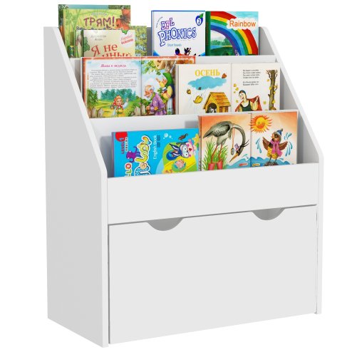 AIYAPLAY Kids Bookshelf, Bookcase Toy Storage Organizer with 3 Tier Shelves, Drawer, for Bedroom, Nursery, Playroom, Classroom, White Image