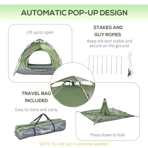 Outsunny 3 Person Camping Tent, Instant Pop Up Tent, Dome Tent with Sewn-in Groundsheet, 2 in 1 Double Layers for Camping, Hiking, Backpacking, Green