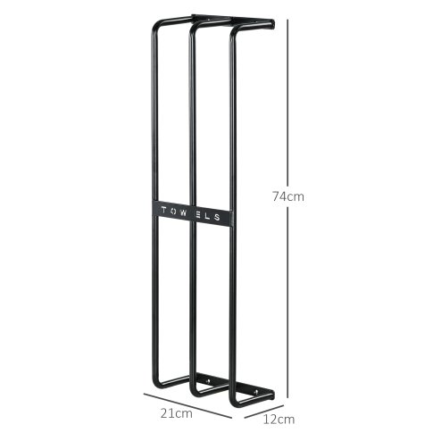 HOMCOM Towel Rack Wall Mounted, Metal Towel Rail Holds Up to 6 Large Size (150 x 100cm) Rolled Towels, 3 Bar Towel Storage for Bathroom, 21 x 12 x 74cm, Black