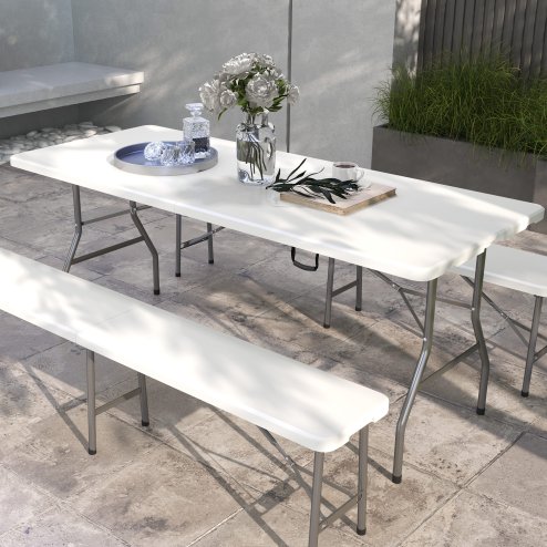 Outsunny Folding Garden Table, 180 x 75cm Rectangular HDPE Outdoor Picnic Table for 6, Metal Frame for Patio, Park, White