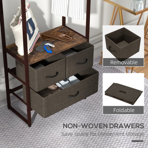 HOMCOM Free Standing Clothes Rail with 3 Fabric Drawers and Storage Shelves, Garment Rack, Hanging Rail for Hallway, Bedroom and Living Room, Rustic Brown