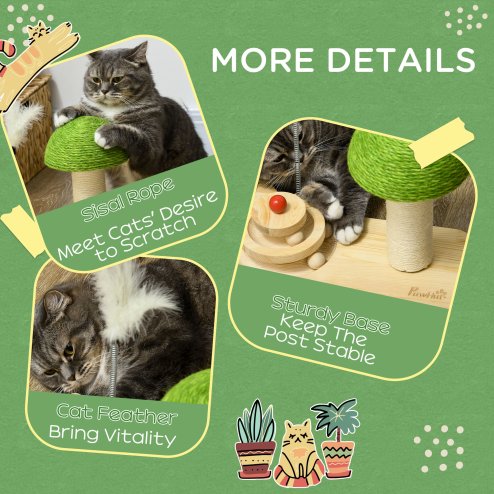 PawHut 26cm Cat Scratching Post, Mushroom-Shaped Cat Post with Toy Balls, Feather, Sisal Scratch Post for Indoor Cats - Natural tone and green