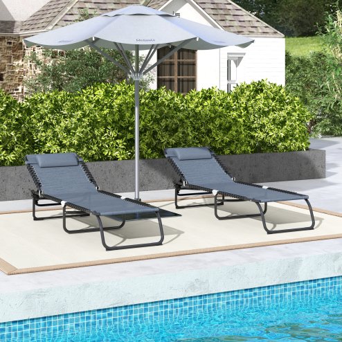 Outsunny 2 Piece Foldable Sun Loungers, Outdoor 4 Level Adjustable Backrest Reclining Chaise Chairs, Steel Frame Recliner Chair for Camping, Hiking, Grey