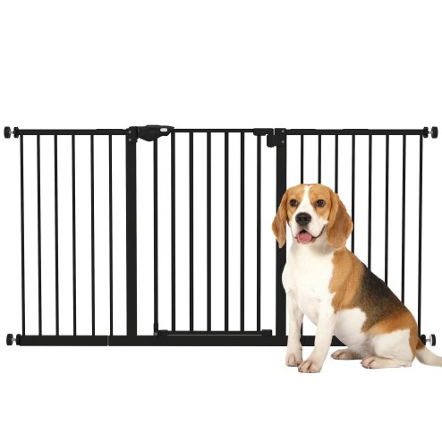 PawHut Dog Gate Stair Gate Pressure Fit Pets Barrier Auto Close for Doorway Hallway, 74-148cm Wide Adjustable, Black