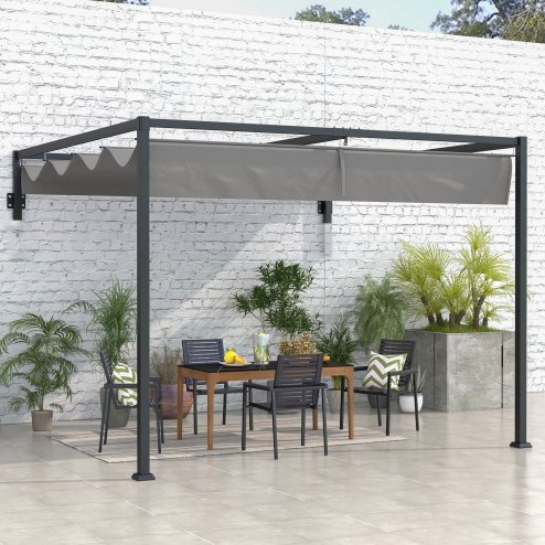 Outsunny 3 x 4m Lean To Pergola with Retractable Roof, Wall Mounted Garden Gazebo Outdoor Sun Shade Shelter for Patio, Deck
