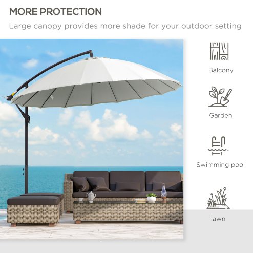 Outsunny 3(m) Cantilever Shanghai Parasol Garden Hanging Banana Sun Umbrella with Crank Handle, 18 Sturdy Ribs and Cross Base, White