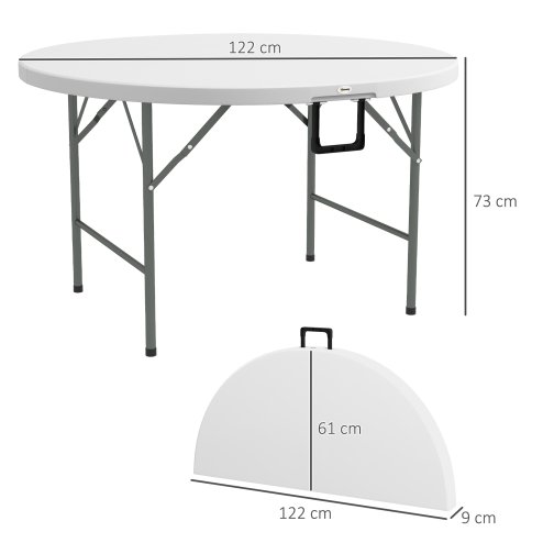 Outsunny Folding Garden Table, 122 cm Round HDPE Outdoor Picnic Table for 6, Metal Frame for Patio, Park, White
