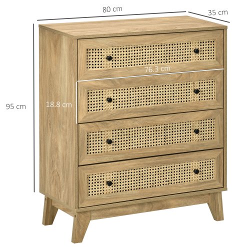 HOMCOM Chest of Drawers, 4-Drawer Storage Organiser Unit with Rattan Element for Bedroom, Living Room, Wood Effect