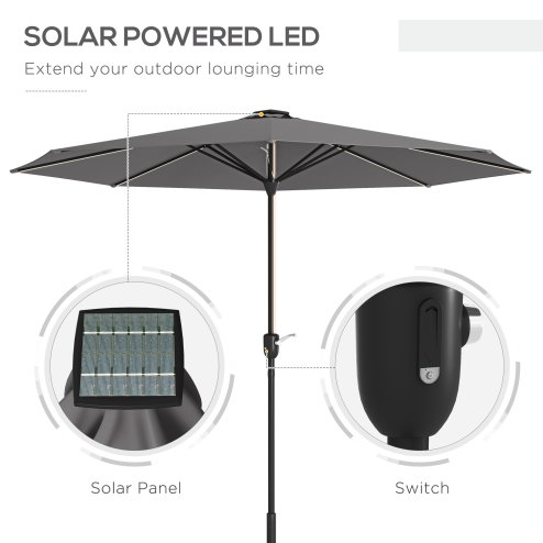 Outsunny 2.65m Garden Parasol with Lights, Solar Charged Warm Yellow LED Patio Umbrella with Crank Handle, for Balcony, Outdoor and Lawn, Charcoal Grey