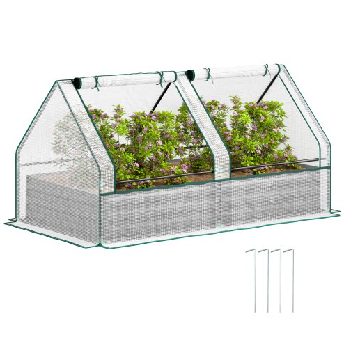 Outsunny Raised Garden Bed with Mini Greenhouse, Outdoor Metal Planter Box with Cover, for Herbs and Vegetables, Use for Patio, Garden, Balcony, White and Dark Grey