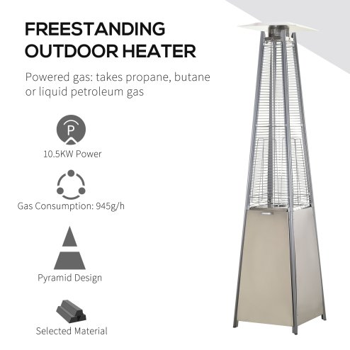 Outsunny 10.5KW Propane Patio Heater Freestanding Pyramid Gas Outdoor Tower Heater Warmer with Wheels, Rain Cover, Regulator and Hose - Silver