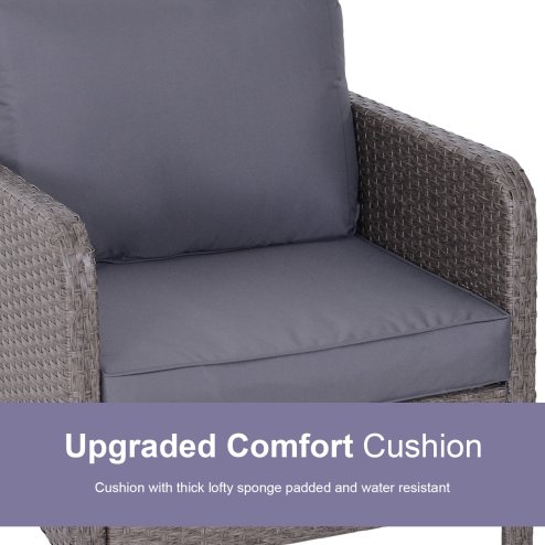 Outsunny 5 Pieces PE Rattan Garden Furniture Set with 10cm Thick Padded Cushions, Wicker Weave Outdoor Seating Chairs with 2 Armchairs, 2 Stools, Glass Top Table, Grey