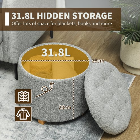 HOMCOM 45cm Round Storage Ottoman, Teddy Fleece Footstool with Removable Lid and Wood Legs, Button Tufted Vanity Stool for Living Room Bedroom Hallway