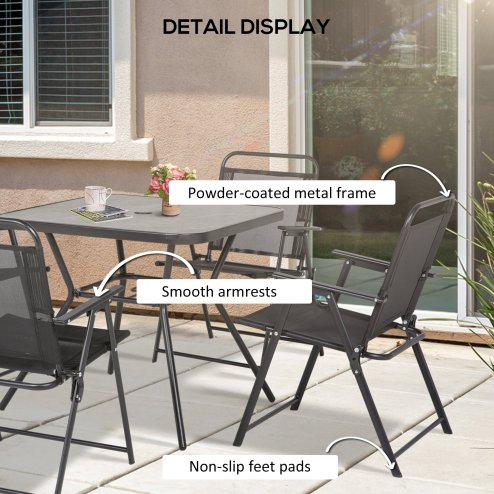 Outsunny 5-Piece Garden Dining Set with 4 Foldable Armchairs, Outdoor Furniture Set with Parasol Hole and Wood-plastic Composite Top Dining Table, Mesh Seat, Black