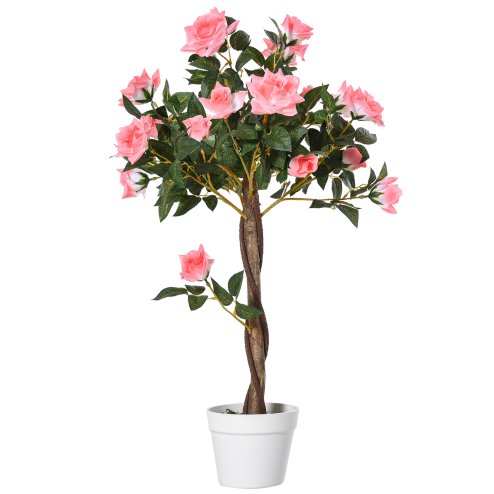 Outsunny 90cm/3FT Artificial Rose Tree, Fake Decorative Plant with Pot, Indoor Outdoor Faux Decoration Home Office Decor, Pink