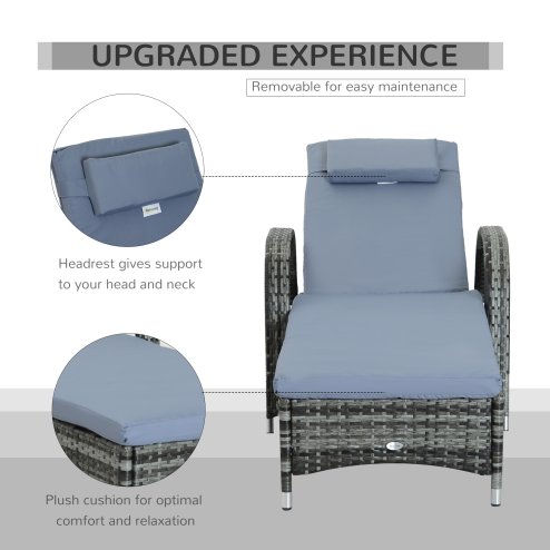 Outsunny Rattan Sun Lounger, Garden Lounger Recliner with Wheels and Adjustable Backrest, Outdoor Reclining Sunbed Garden Chair with Cushion and Headrest for Patio, Beach, Terrace, Grey