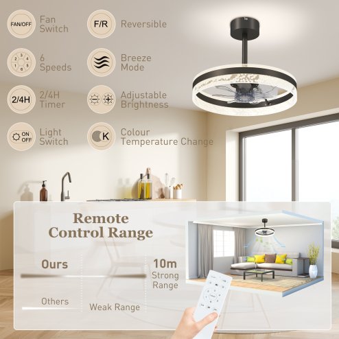 HOMCOM Ceiling Fan with Light and Remote, 50 cm LED Mount Ceiling Fan Light with 3 Colour, 6 Speed, Timer, Adjustable Brightness, Quiet Reversible DC Motor, for Bedroom, Living Room, Black