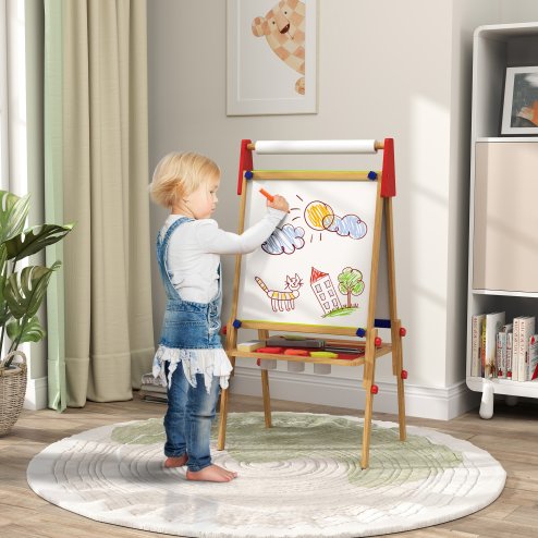 AIYAPLAY Kids Easel, 3 in 1 Art Easel Double Sided Height Adjustable with Paper Roll, Whiteboard, Chalkboard, Painting Accessories, Natural Wood Finish
