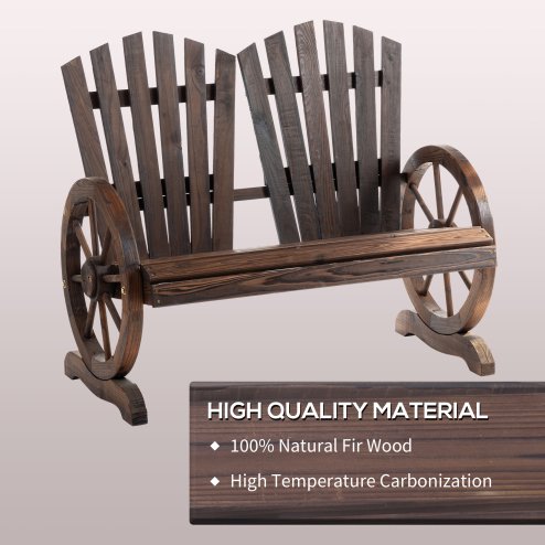 Outsunny 2 Seater Garden Bench, Comfortable Fir Wood Love Chair with Wagon Wheel-Shaped Armrests, Outdoor Adirondack Wooden Loveseats, Carbonized Colour