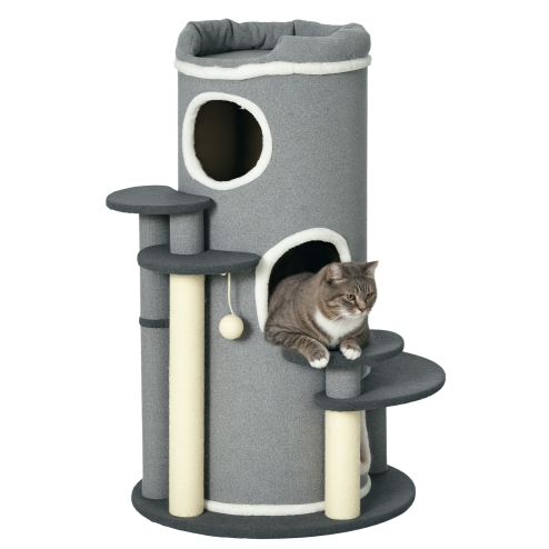 PawHut Cat Tree for Indoor Cats, 3 Tier Cat Tower Barrel Shaped with Sisal Scratching Posts, Cat Bed, Platforms, Hanging Ball, Grey