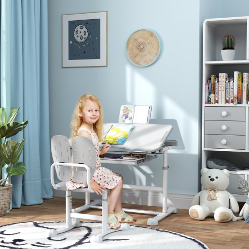 AIYAPLAY Kids Desk and Chair Set, Height Adjustable School Study Table Chair Set with Tilted Desktop, Storage Drawer, Book Stand, for Writing Reading, kids Aged 3-12 Years, Grey
