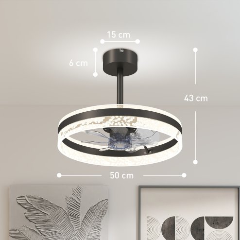 HOMCOM Ceiling Fan with Light and Remote, 50 cm LED Mount Ceiling Fan Light with 3 Colour, 6 Speed, Timer, Adjustable Brightness, Quiet Reversible DC Motor, for Bedroom, Living Room, Black