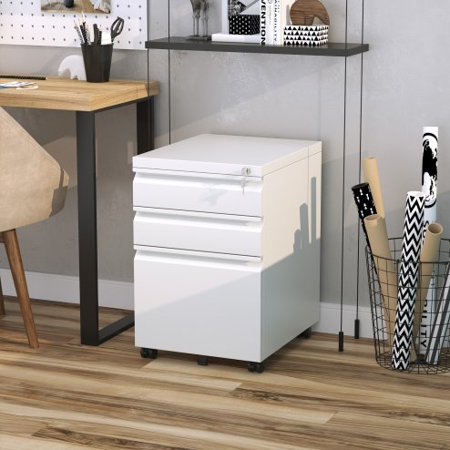 Vinsetto 3-Drawer Filing Cabinet with Lock, Mobile Steel File Cabinet for A4, Legal and Letter Size, Under Desk Drawers with Pre-Assembled Body for Home Office, 39 x 48 x 60 cm, White