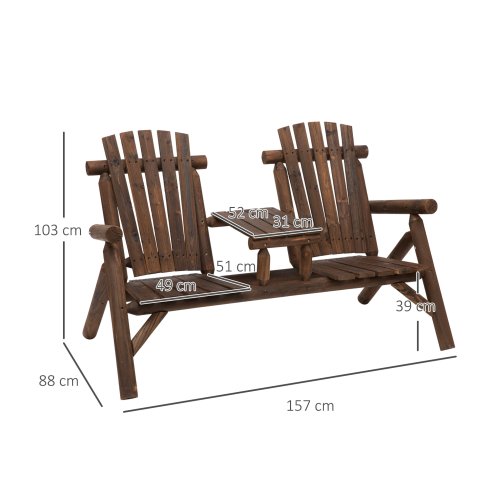 Outsunny Wood Patio Chair Bench 2 Seats with Centre Coffee Table, Garden Bench for Lounging and Relaxing Outdoors, Carbonized