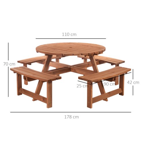 Outsunny 8 Seater Wooden Picnic Table and Garden Benches Set, Round Garden Dining Set with 4 Benches and Umbrella Hole Outdoor Garden Park, Brownish Red