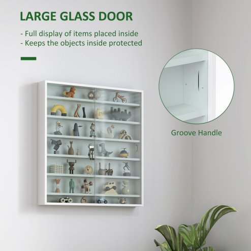 HOMCOM 7-Tier Wall Mounted Display Cabinet, Display Case with 6 Adjustable Shelves, Glass Doors for Home Office Ornaments 83x80cm, White