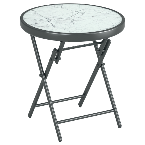 Outsunny ??45cm Garden Side Table, Outdoor Round Folding Patio Table with Imitation Marble Glass Top, Small Coffee Table, White