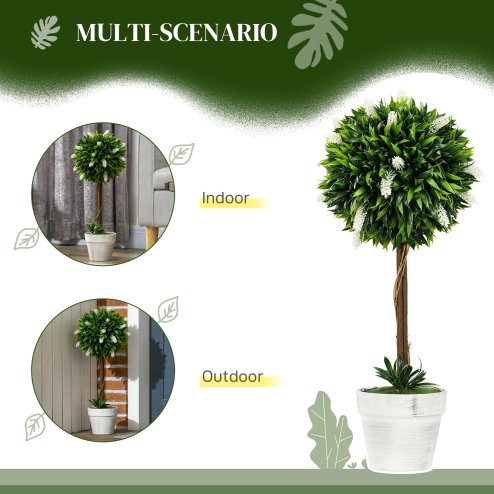 HOMCOM Set of 2 Decorative Artificial Plants Ball Trees with Lavender Flowers in Pot Fake Plants for Home Indoor Outdoor Decor, 60cm, White