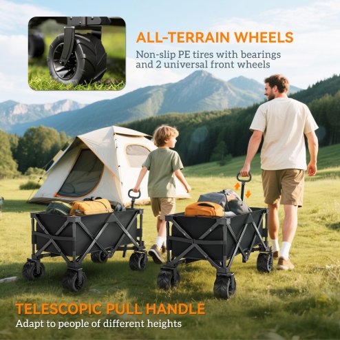 Outsunny 140L Festival Trolley on Wheels, Folding Camping Trolley Cart with Telescopic Handle, Big Wheels for Outdoor Garden Beach Fishing, Black