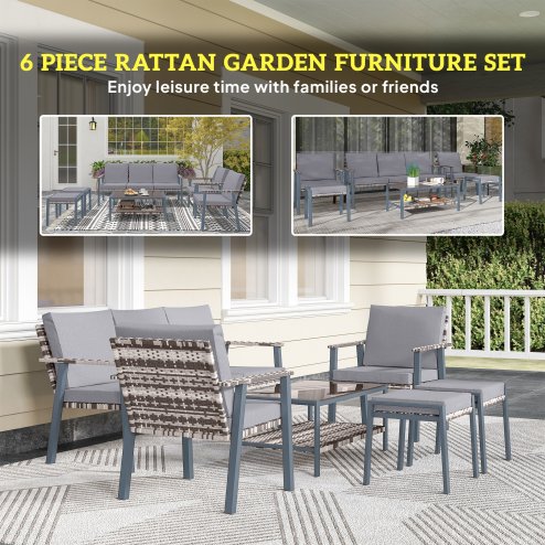 Outsunny 6 Piece Rattan Garden Furniture Set with 3-Seater Sofa, 2 Chairs and 2 Footstools, 7 Seater Outdoor Sofa Set with Glass Top Coffee Table and Cushions for Balcony, Grey