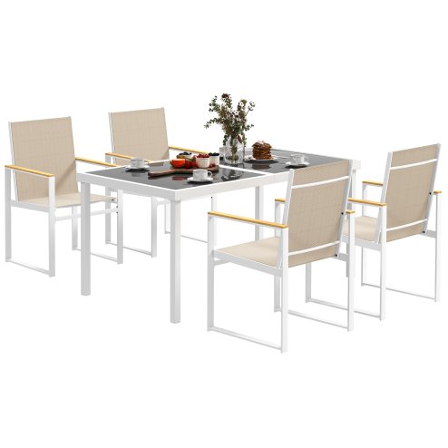 Outsunny 5 Piece Garden Table and Chairs, Outdoor Dining Set with Tempered Glass Table Top, 4 Armchairs with High Backrest, 4 Seater Garden Furniture Set for Deck, Balcony