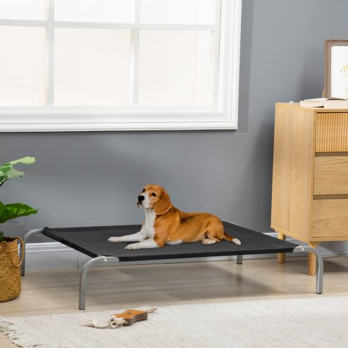 PawHut Elevated Pet Bed Cooling Raised Cot Style Bed for Large Medium Sized Dogs with Non-slip Pads Steel Frame Breathable Mesh Fabric, 110 x 75 x 20 cm - Black Image