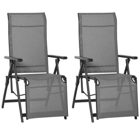 Outdoor Reclining Garden Chair Set of 2, 10-Position Adjustable Folding Sun Lounger Zero Gravity Chairs with Texteline Seat, Armrests and Footrest for Patio, Grey