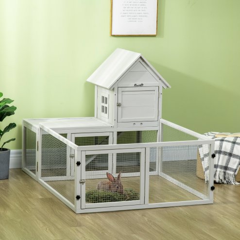 PawHut Wooden Rabbit Hutch with Run Large Guinea Pig Cage, Small Animal House for Indoor with Tray, 151.5 x 106 x 97cm, Light Grey Image