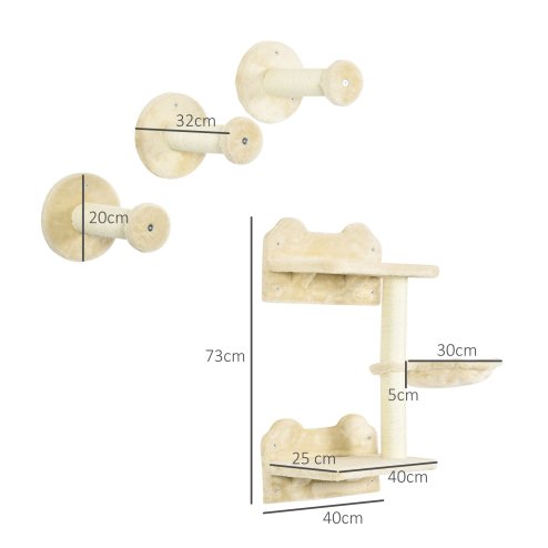 PawHut 4 Piece Cat Shelves Cat Wall Furniture Wall-Mounted Cat Tree for Indoor Cat w/ Hammock, Steps, Platforms, Scratching Post - Beige