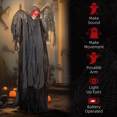 HOMCOM 195cm Winged Grim Reaper Outdoor Halloween Decoration, Halloween Animatronic with Sound Activated, Light Up Eyes, Sound Effects, Animated Prop for Haunted House