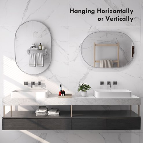 HOMCOM Oval Bathroom Mirror, Modern Wall-mounted Vanity Mirror with Wide Aluminium Frame, Tempered Glass for Living Room, Entryways, Horizontal or Vertical Hanging, 60 x 90cm, Silver